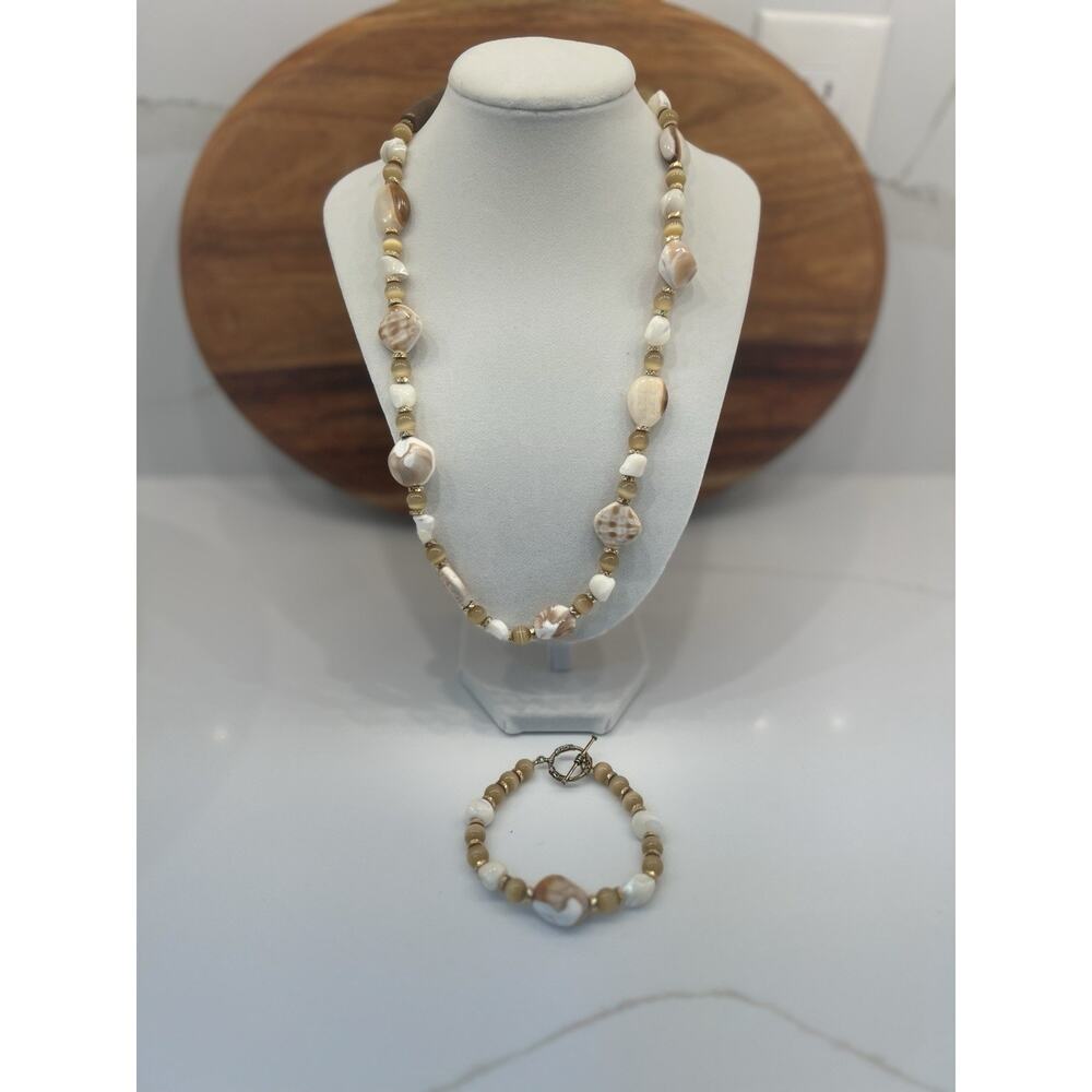 Vintage Coastal Shell Cat Eye Bead Necklace Bracelet Set Tan Cream Boho